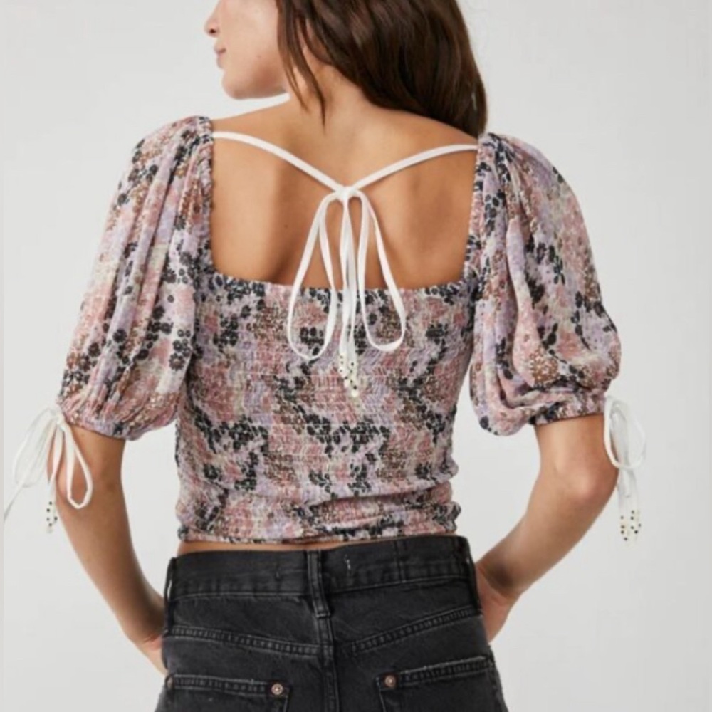 Free People Anthropologie Back On Top Cropped Smocked Puff Sleeve Blouse Top M